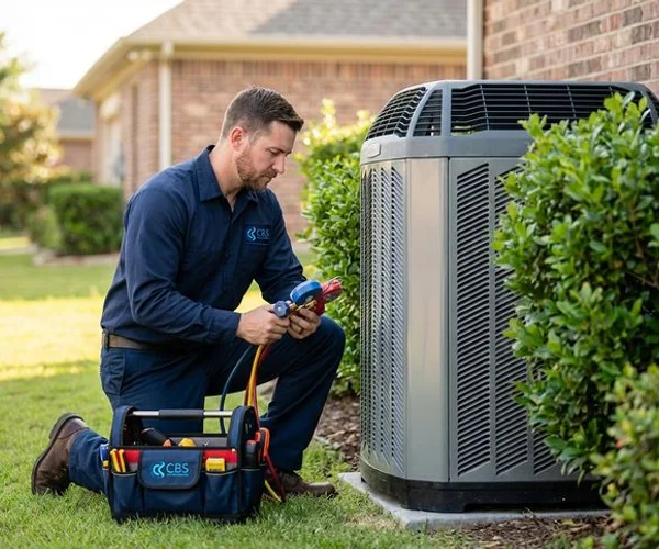 Certified HVAC technician inspecting residential air conditioning unit