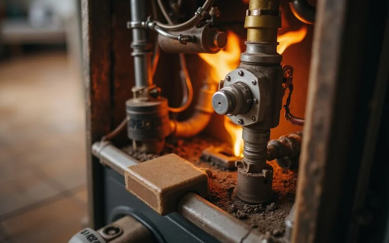 Close up of furnace flame sensor and burner assembly during professional maintenance