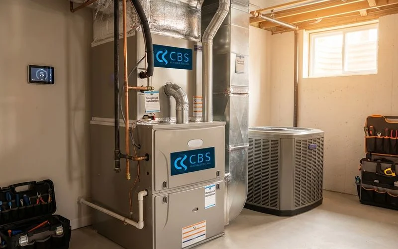 Completed new HVAC system installation with high-efficiency air conditioner and furnace ready for operation