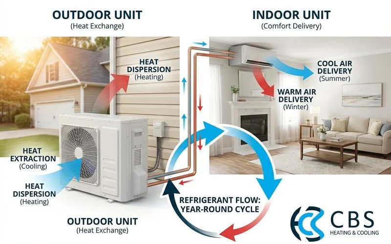 Diagram showing how a heat pump system transfers heat between indoor and outdoor units for year-round comfort