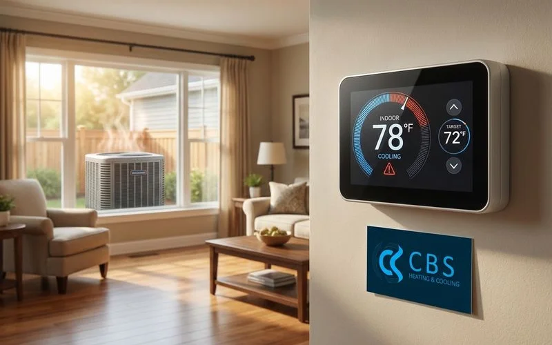 Digital thermostat showing high temperature while AC struggles to cool the home