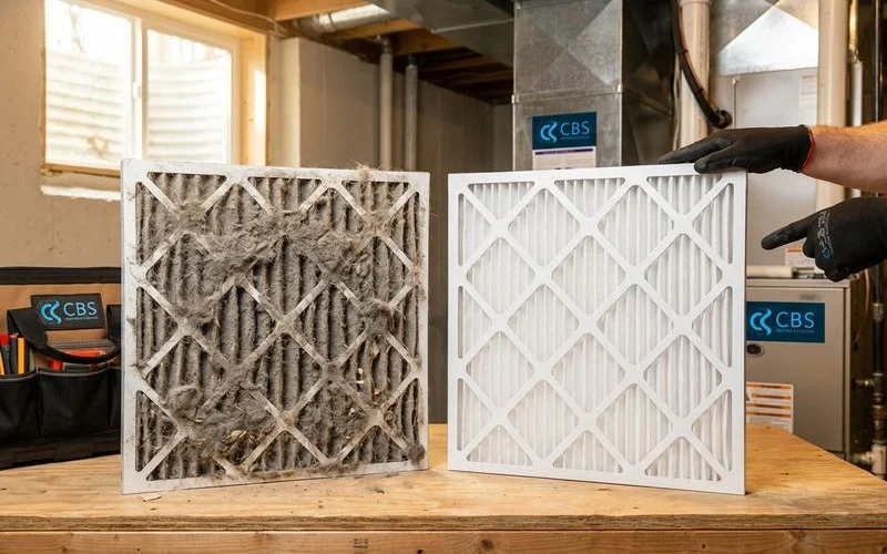 Dirty clogged air filter compared to a clean new filter showing need for replacement