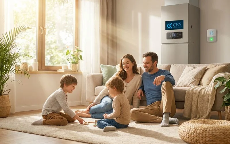 Family breathing clean, healthy air in their living room thanks to a whole-home air purification system installation
