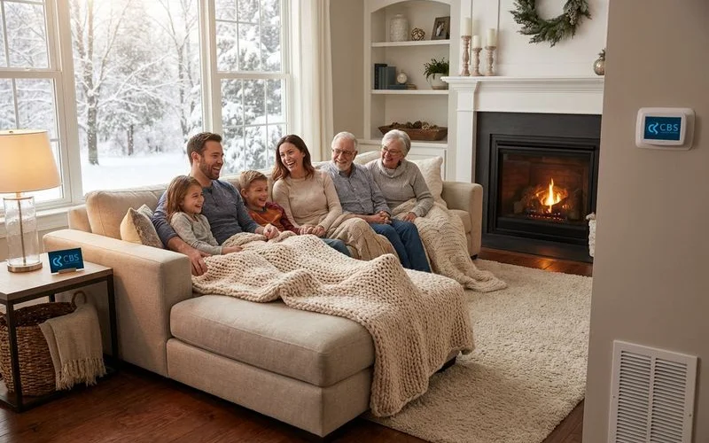 Family staying warm and comfortable in their living room during a Virginia winter after furnace repair service