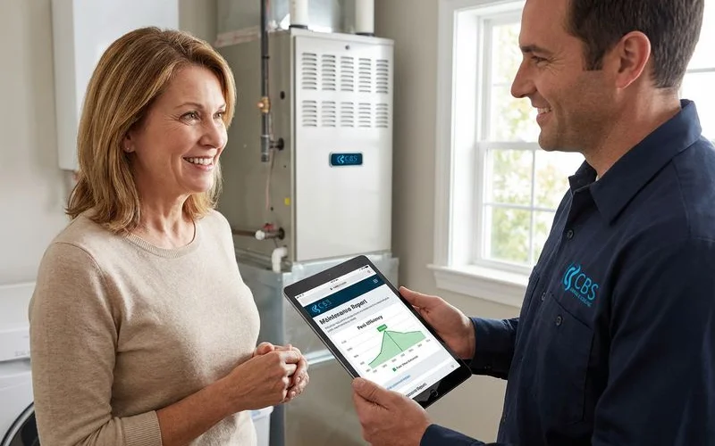 Happy homeowner receiving HVAC maintenance report from technician showing system running at peak efficiency