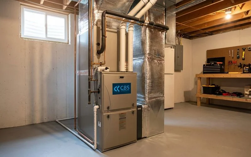 High efficiency gas furnace installed in the basement of a Manassas Virginia home