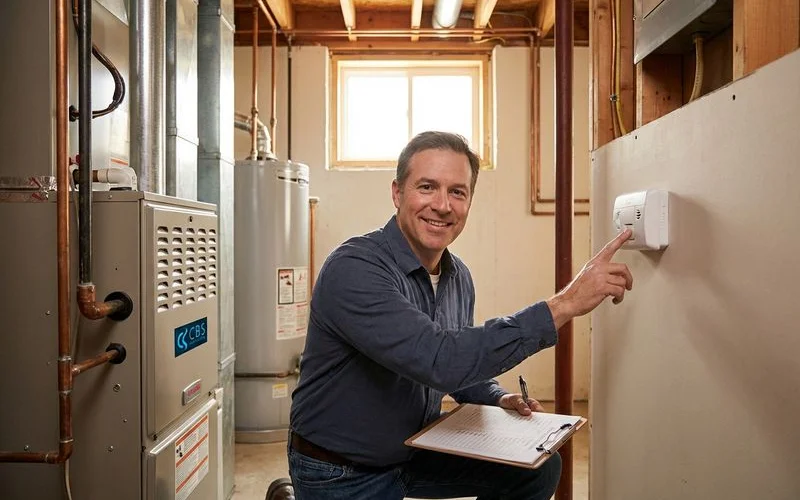 Homeowner checking carbon monoxide detector near furnace for winter safety