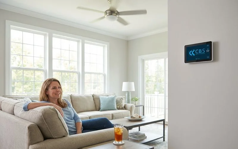 Homeowner enjoying a cool comfortable living room after professional AC repair service in Manassas, Virginia