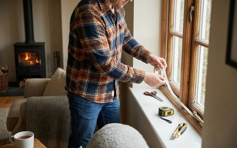 Homeowner applying weatherstripping to windows to improve heating efficiency