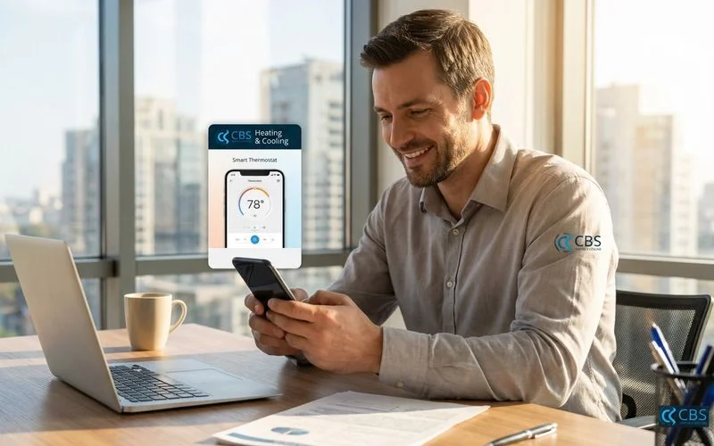 Homeowner using smartphone app to control smart thermostat remotely