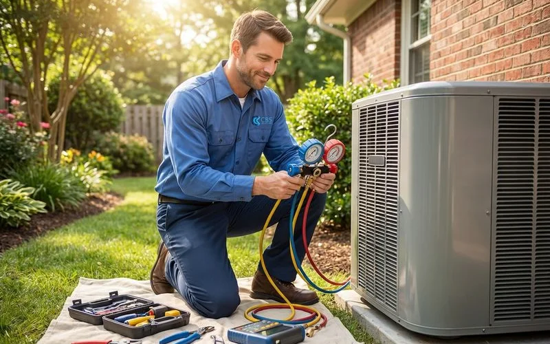 HVAC technician diagnosing an air conditioner problem with professional tools