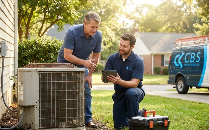 HVAC technician evaluating an older AC system and discussing repair vs replacement