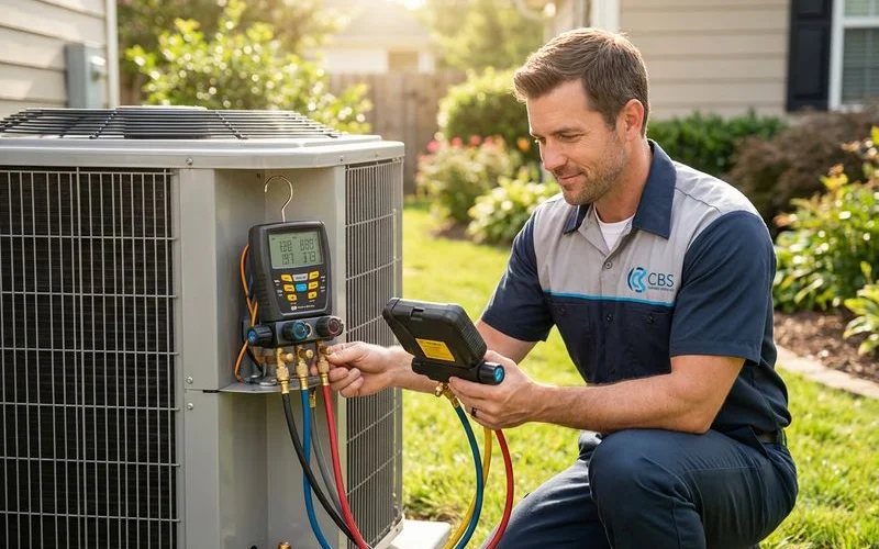 HVAC technician using professional diagnostic equipment to test air conditioning refrigerant levels and pressures