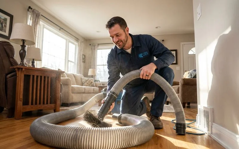HVAC technician using specialized equipment to clean residential air ducts