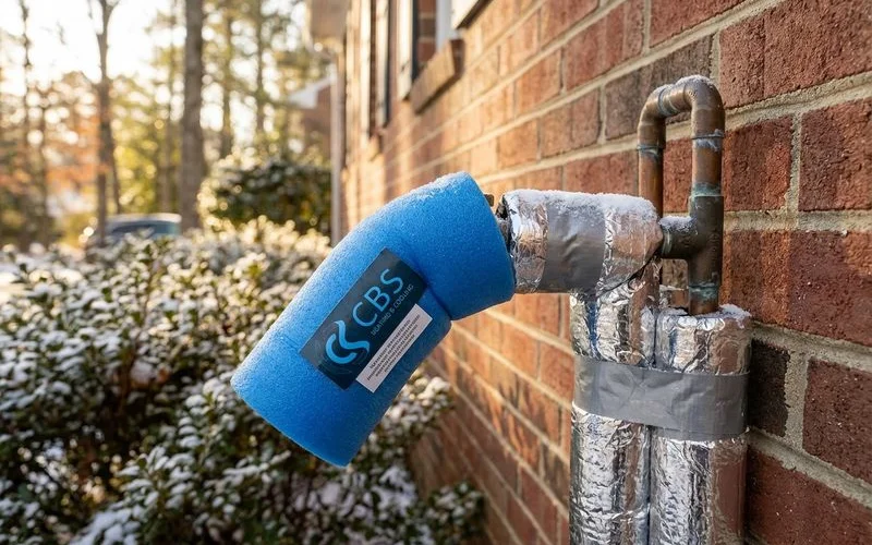 Insulated pipes and outdoor faucet cover protecting against winter freeze damage