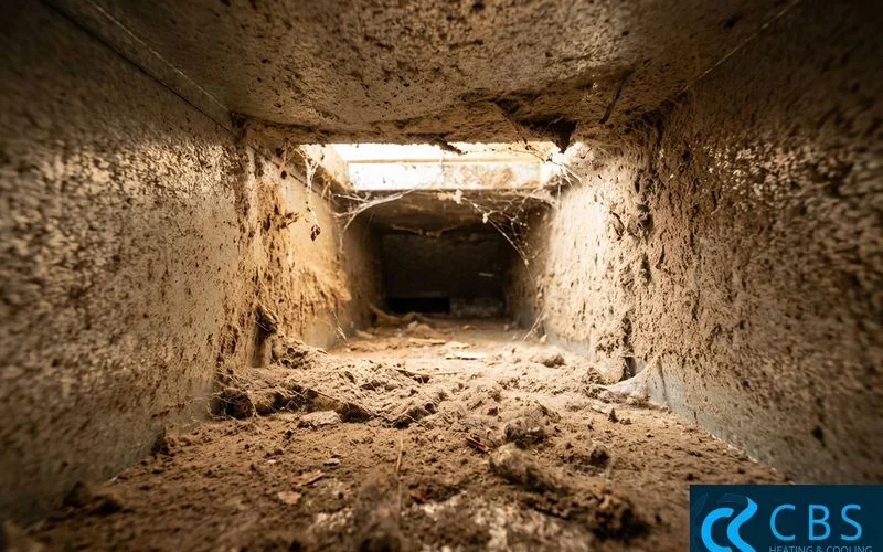 Interior view of ductwork before cleaning showing heavy dust and debris accumulation reducing airflow and quality