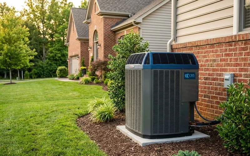 Modern high efficiency heat pump outdoor unit installed at a Northern Virginia home