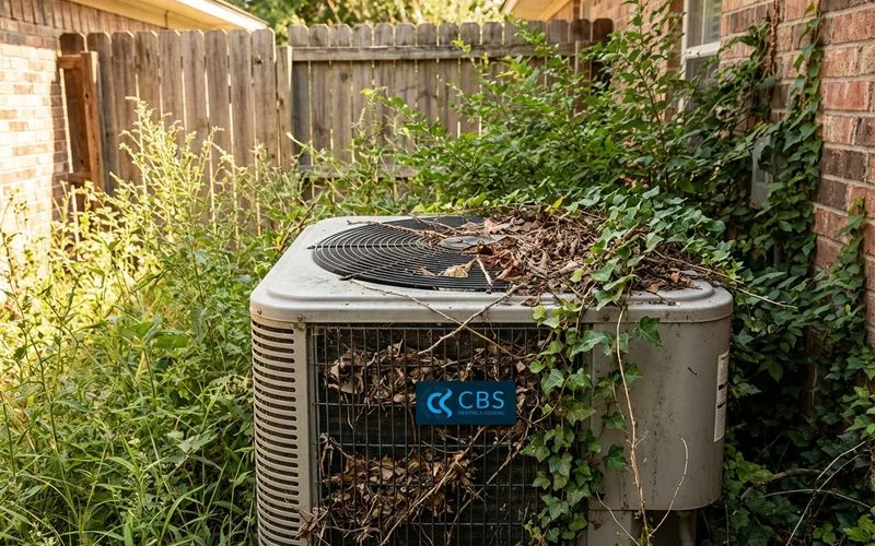 Outdoor AC condenser unit with restricted airflow from surrounding debris and plants