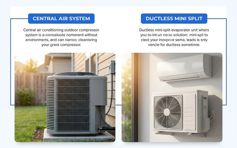 Side by side comparison of central air and mini split AC systems