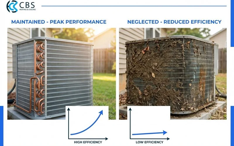 Side-by-side comparison of maintained versus neglected air conditioner condenser coils showing performance difference