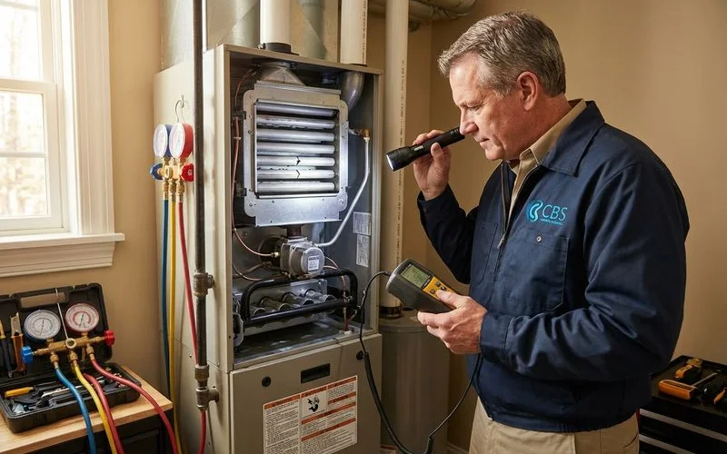 Technician carefully inspecting a gas furnace heat exchanger for cracks and carbon monoxide leak safety concerns