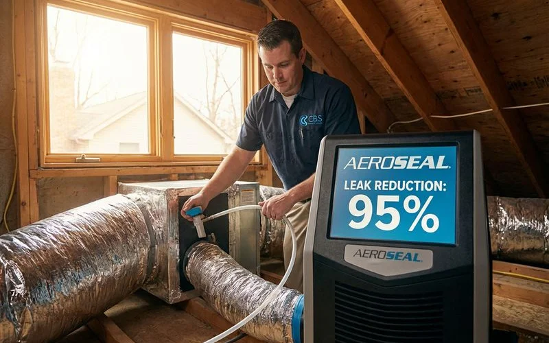 Technician using Aeroseal technology to seal duct leaks from inside, with digital display showing leak reduction