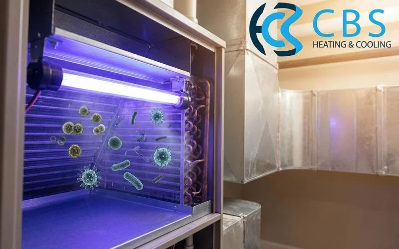 UV germicidal light glowing inside HVAC air handler killing mold spores, bacteria, and airborne pathogens effectively