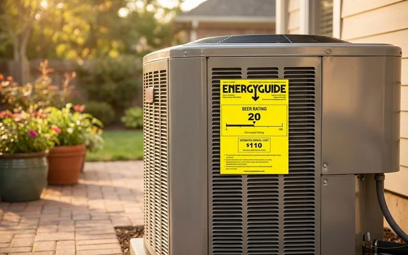 Yellow EnergyGuide label on air conditioner showing SEER rating and estimated annual cost