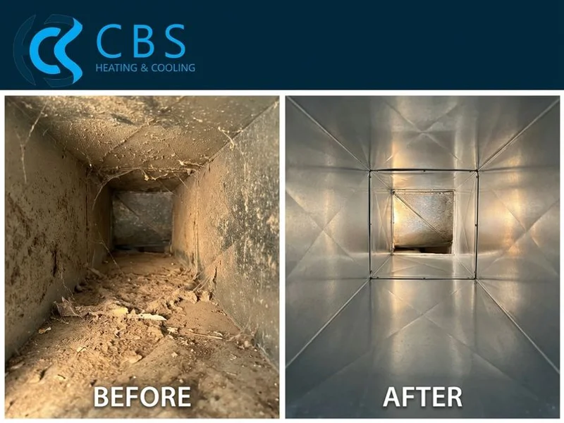 Before and after view of dirty ductwork showing dust and debris buildup versus clean ducts after professional service