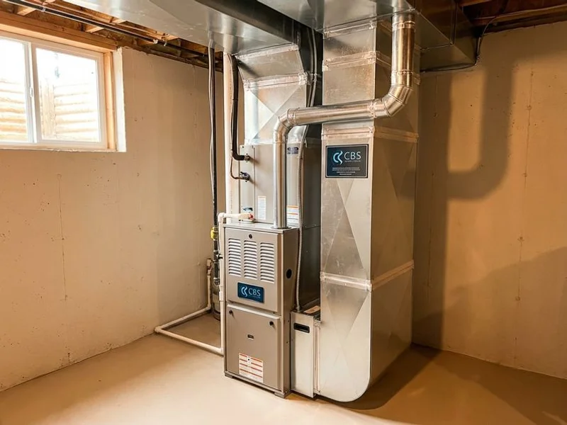 Brand new gas furnace and evaporator coil professionally installed in a basement mechanical room with clean ductwork