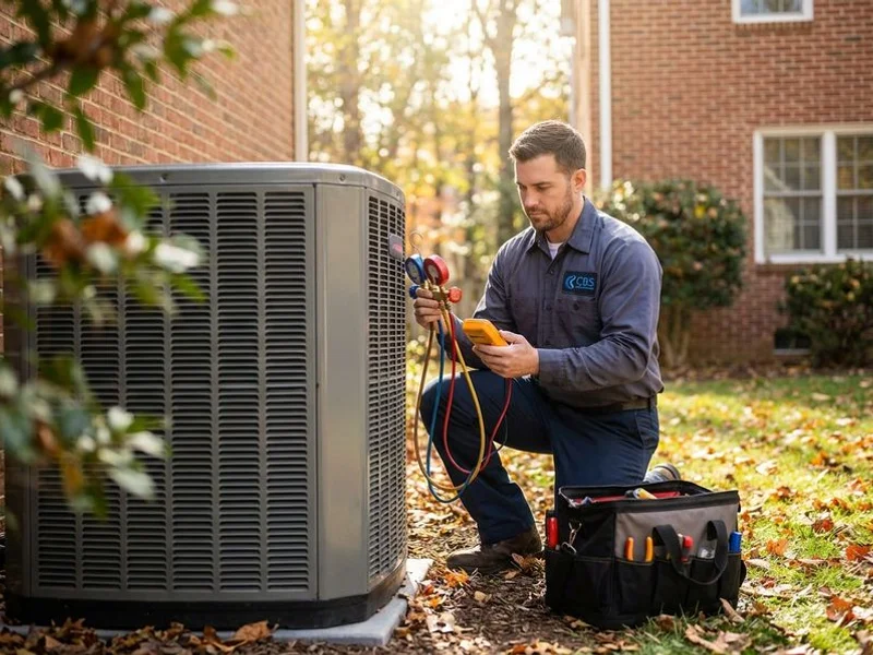 Certified HVAC technician diagnosing an air conditioner compressor issue at a Northern Virginia residence