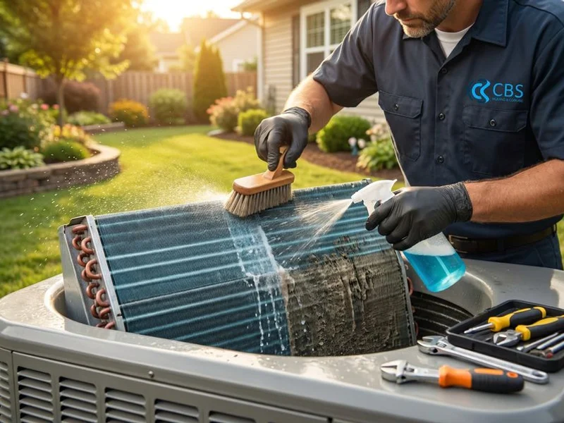 Close-up of AC condenser coil cleaning and maintenance being performed by an expert technician