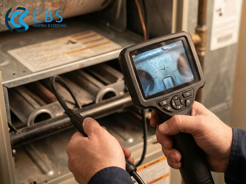 Close-up of furnace heat exchanger inspection using a professional camera to detect cracks and damage