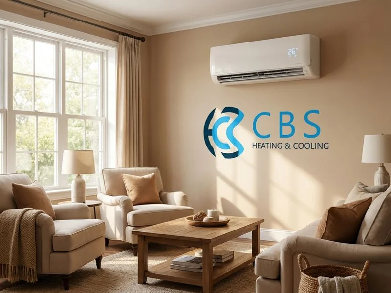 Ductless mini-split heat pump indoor unit mounted on a living room wall providing zone-controlled comfort