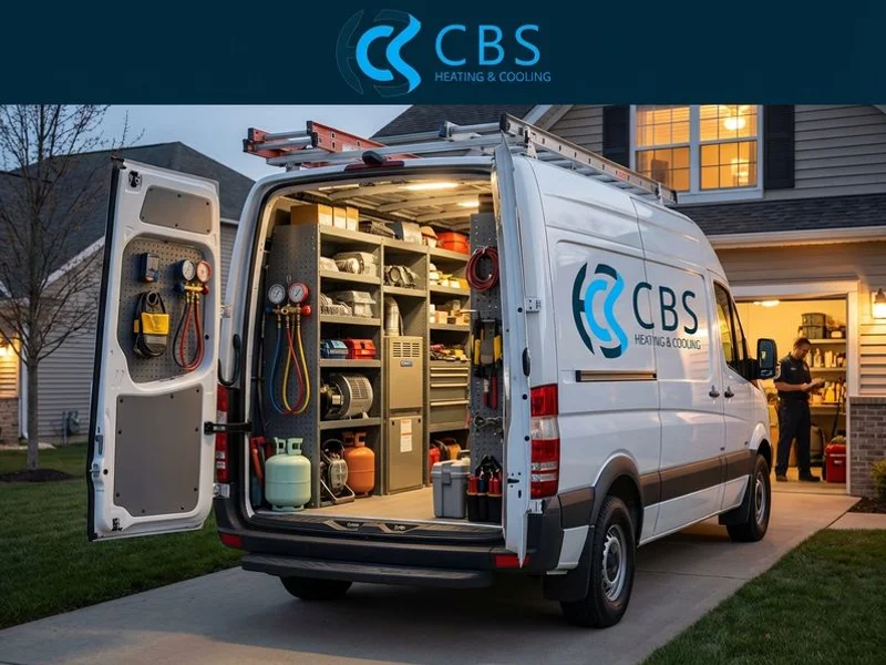 Emergency service van fully stocked with common HVAC parts and equipment for rapid after-hours repair jobs