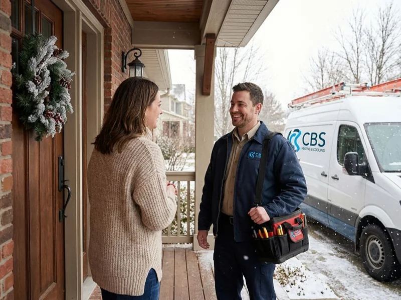 Homeowner greeting emergency HVAC repair technician at front door during a weekend heating system breakdown call