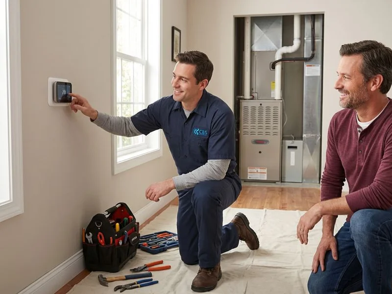 HVAC of Virginia technician programming a new smart thermostat after complete heating and cooling system installation