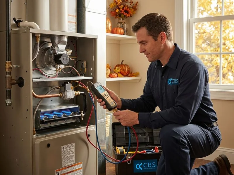 HVAC professional checking furnace gas pressure and burner flame pattern during a fall heating system tune-up