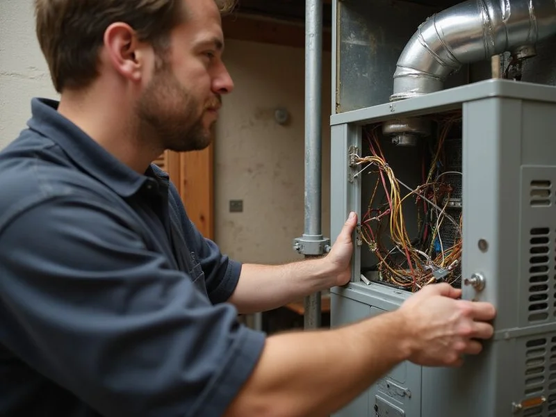 HVAC technician installing a UV germicidal light system inside an air handler to kill mold, bacteria, and viruses