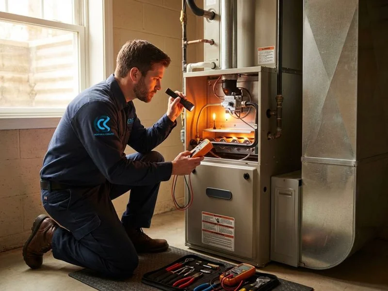 HVAC technician performing a detailed gas furnace burner inspection and safety check at a Northern Virginia home