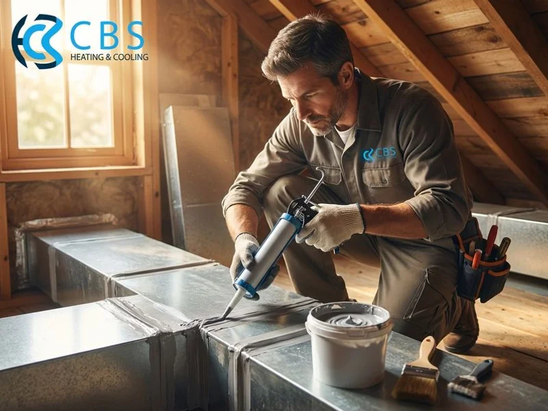 HVAC technician sealing duct joints and connections with mastic sealant to prevent conditioned air from leaking