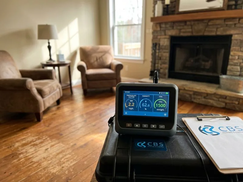 Indoor air quality testing equipment measuring particulate levels, humidity, and CO2 concentration in a Virginia home
