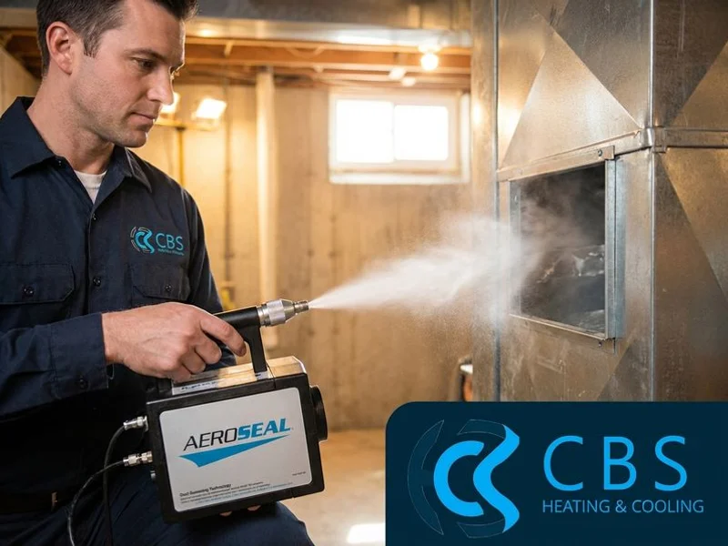 Technician applying Aeroseal duct sealing technology to seal air leaks in residential HVAC ductwork system