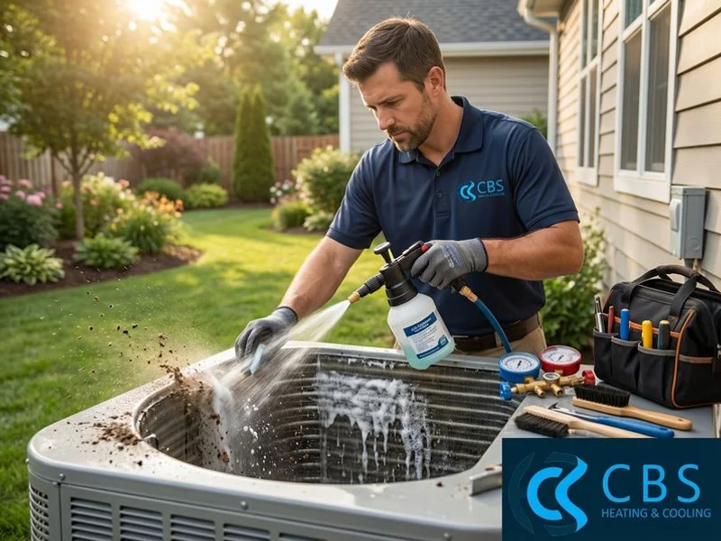 Technician cleaning AC condenser coils with professional coil cleaner during a spring maintenance tune-up visit