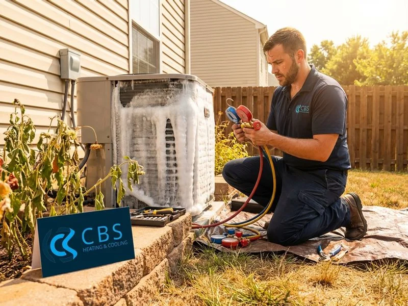 Technician diagnosing a frozen air conditioner during a summer heat wave emergency service call in Northern Virginia