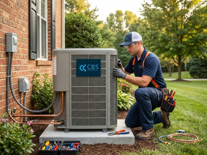 Technician installing a new high-efficiency heat pump outdoor unit on a level pad at a Northern Virginia property