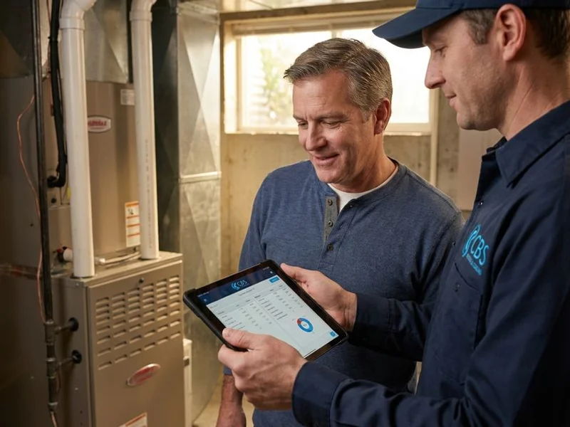 Technician recording maintenance findings on a digital tablet and reviewing results with homeowner at property