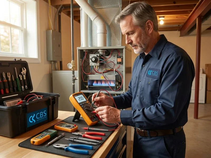 Technician testing furnace ignition system and flame sensor with multimeter diagnostic equipment tools
