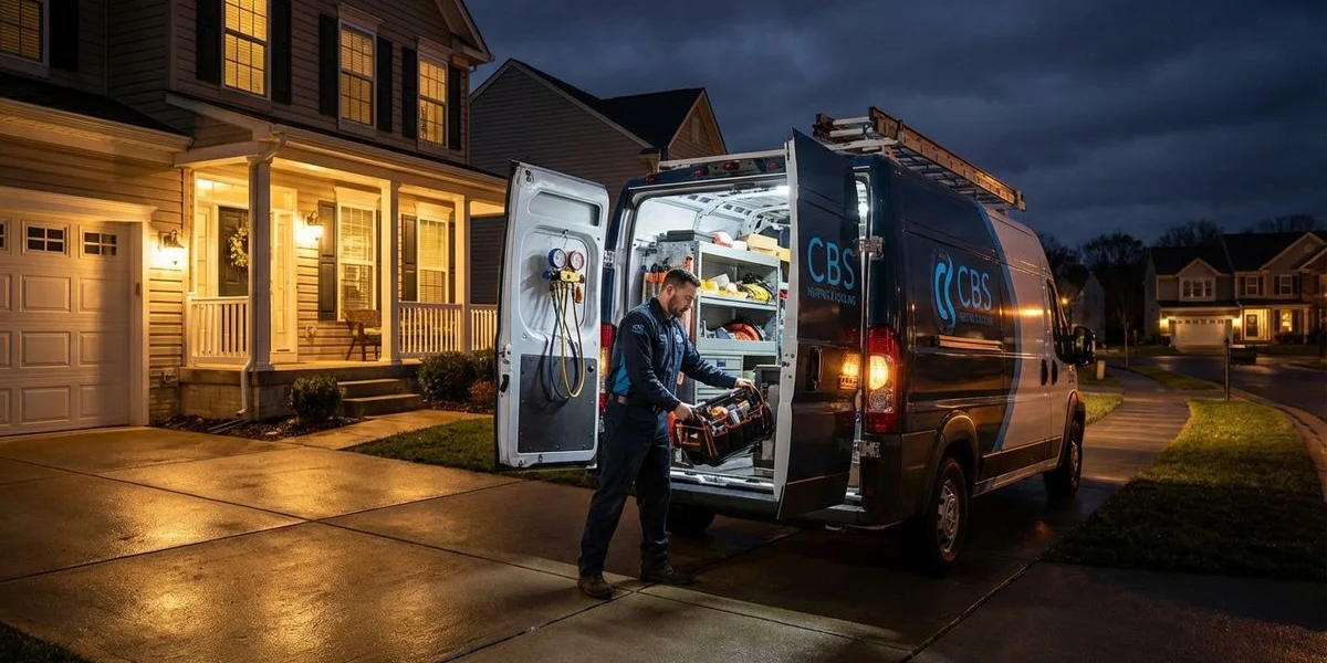 Emergency HVAC repair technician arriving at a Manassas, Virginia home at night with service van and equipment ready