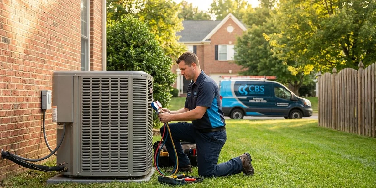 HVAC technician performing an annual maintenance tune-up on a central air conditioning unit at a Manassas, Virginia home